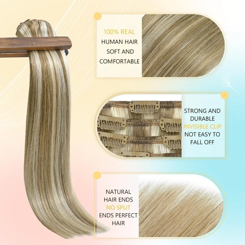 Blonde Hair Extensions Real Human Hair Clip in Human Hair for Women Straight Gol